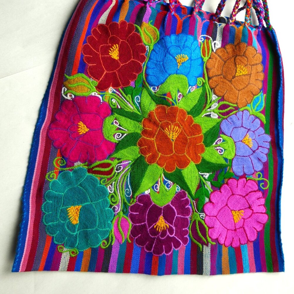 Authentic Mexican Brightly Colored Striped and Flower Embroidered Shoulder Bag-